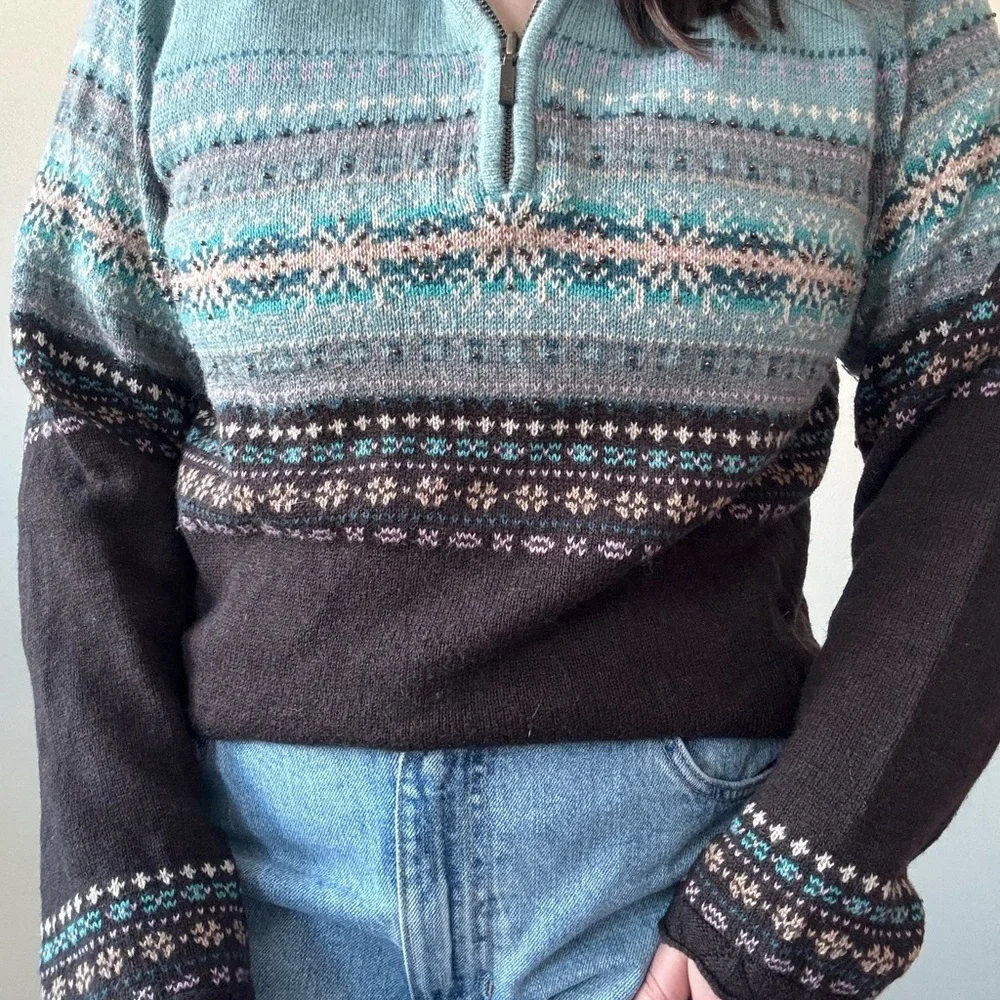 Y2K Eddie Bauer Knit Fair Isle Henley Sweater
